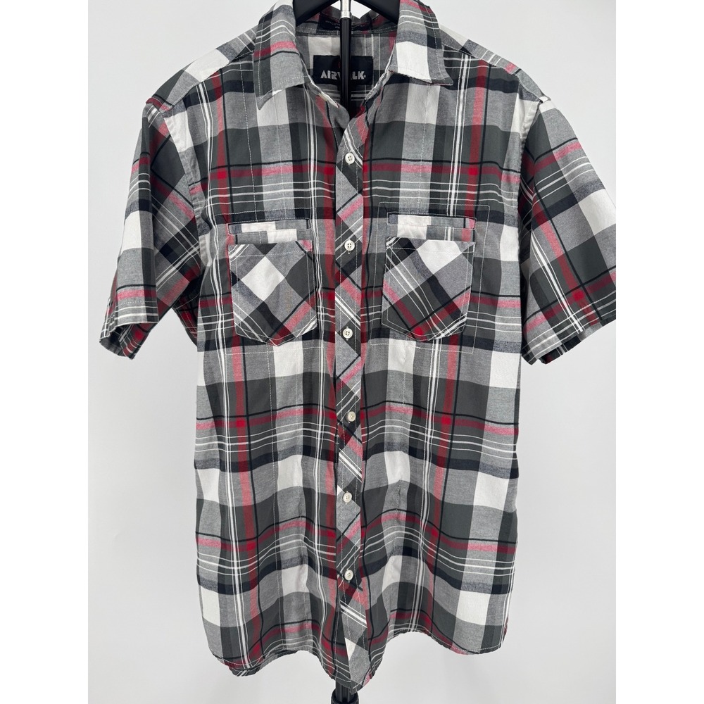 Airwalk Mens Large Grey Red Plaid Short Sleeve Button Up Shirt Pockets